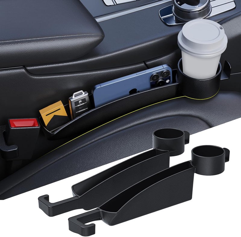 DDTPDE Car Seat Gap Filler Set of 2, Upgraded Car Side Seat Gap Fillers with Organizer, Cup Holder & Hook Function, Inserts Between Front Seats Console Catcher 4in1 Gap Stopper Fill Plug Storage Box (Black) - Image 1